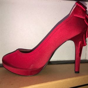 Red Satin Stacked Evening Heels